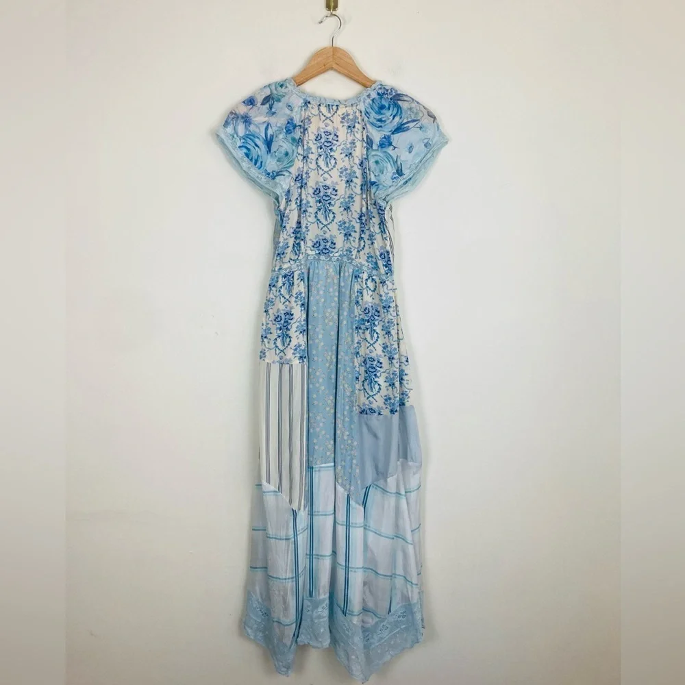 LoveShackFancy Tula silk patchwork midi dress with puff sleeve, lace trim. Sz 0 - Picture 7 of 9